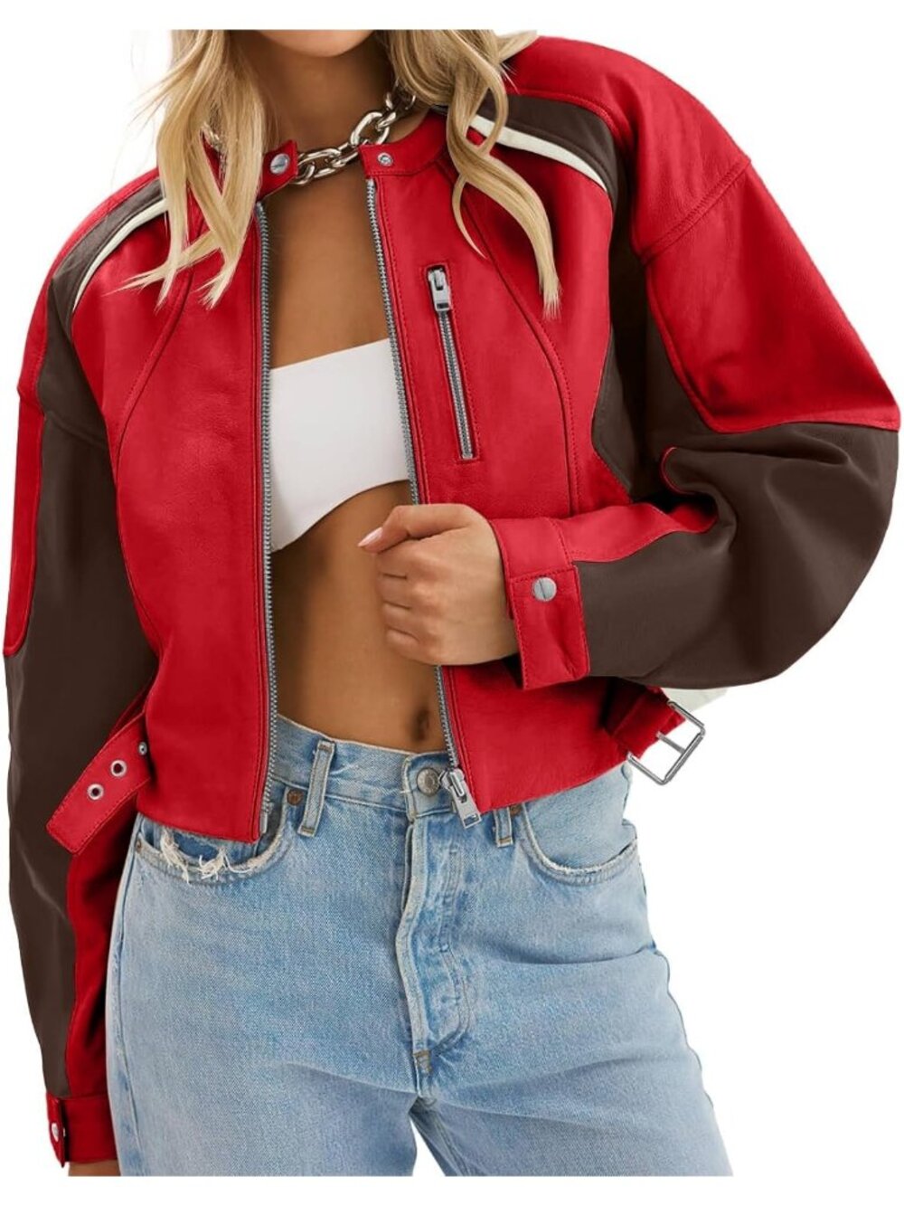 Women's Red Faux Leather Comfortable Zip Up Color Block Casual Bomber Jackets